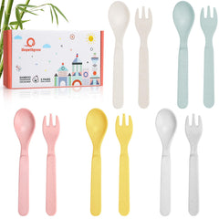 shopwithgreen bamboo toddler utensils set with spoons and forks for self-feeding.