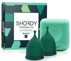 SHORDY large-capacity menstrual cup in a compact mini box ready for set use.