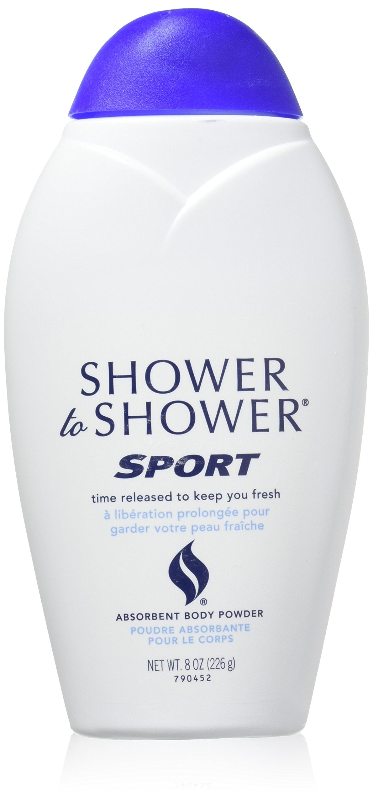 Shower To Shower sport body powder bottle front showing talc-free formula for dryness