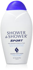 Shower To Shower sport body powder bottle front showing talc-free formula for dryness