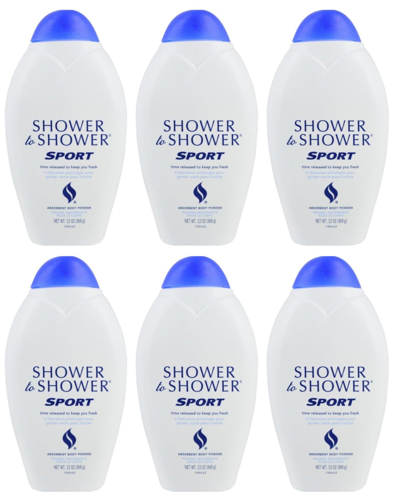 Shower To Shower Sport powder six-pack packaging ready for gym bag dryness.