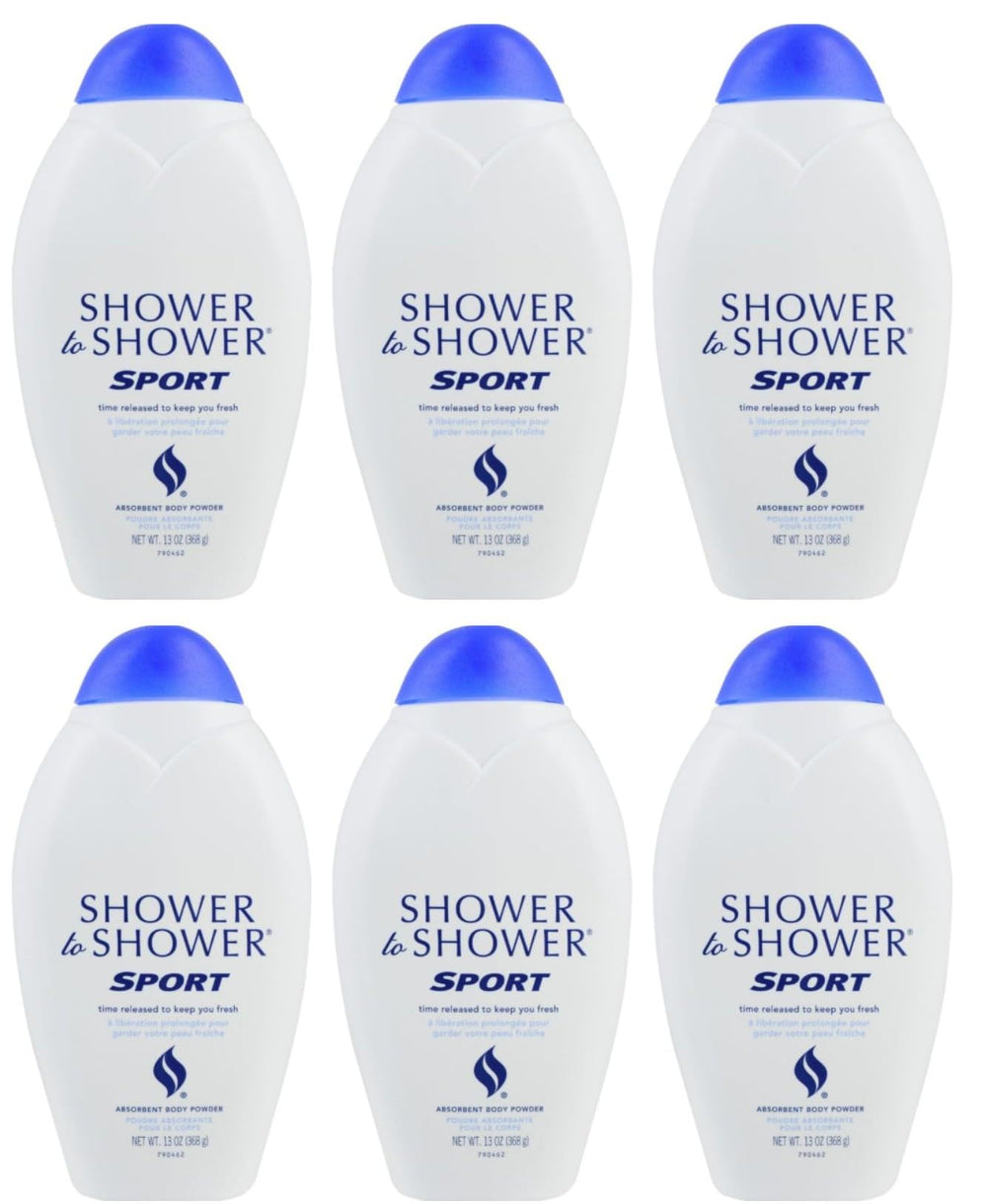 Shower To Shower Sport powder six-pack packaging ready for gym bag dryness.