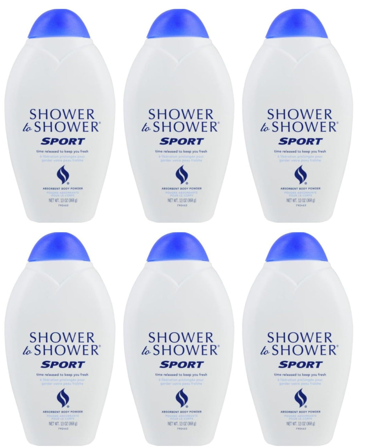 Shower To Shower Sport powder six-pack packaging ready for gym bag dryness.