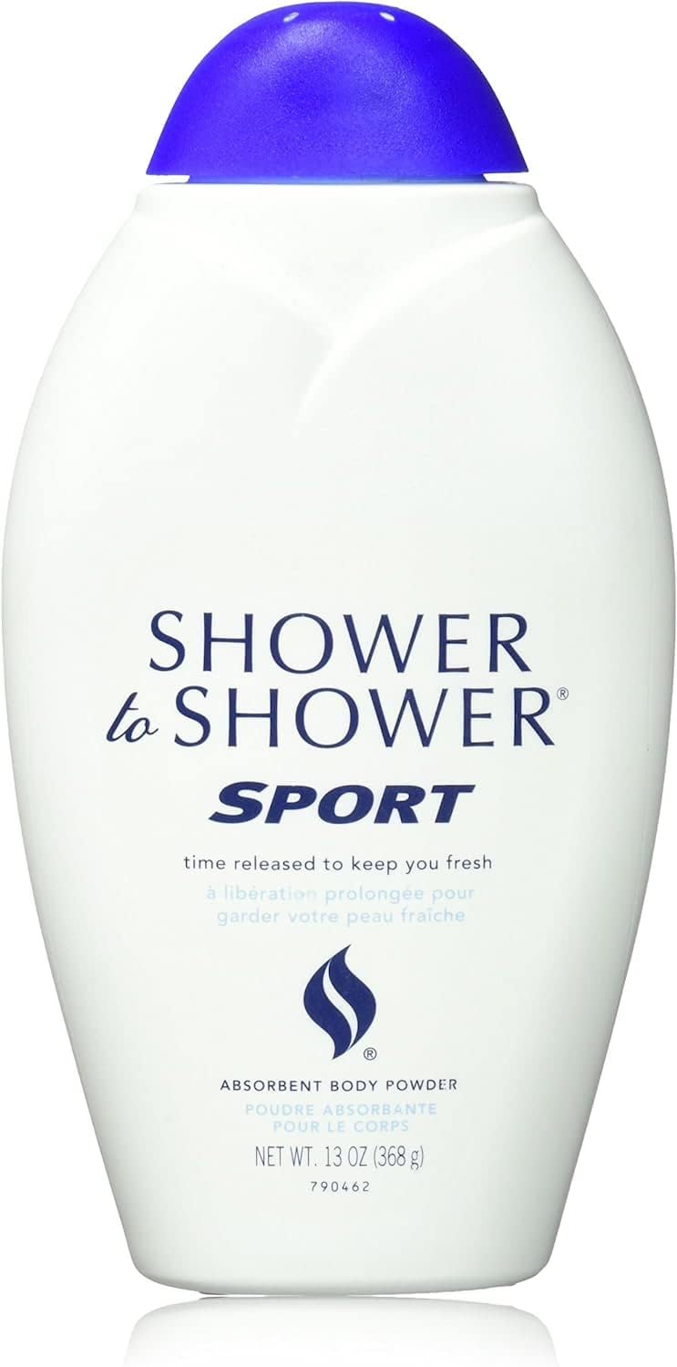 Shower To Shower Sport powder bottle texture close-up showing smooth, talc-free application.
