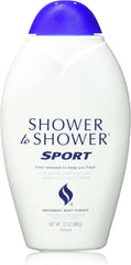 Shower To Shower Sport powder bottle texture close-up showing smooth, talc-free application.