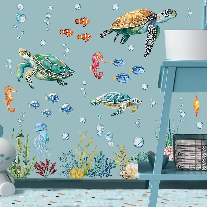 SHUCHING marine-life decals on the wall provide reusable playroom decor.