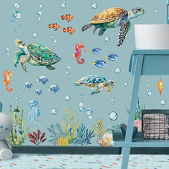 SHUCHING marine-life decals on the wall provide reusable playroom decor.