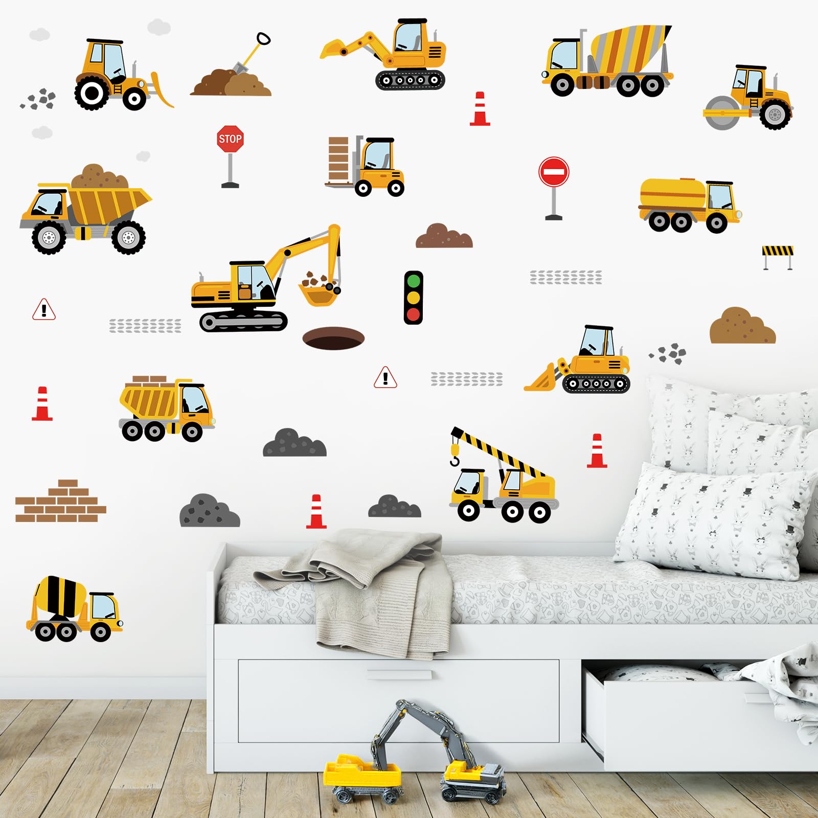 SHUCHING nursery wall art features bold vehicles enhancing classroom-adjacent play spaces.
