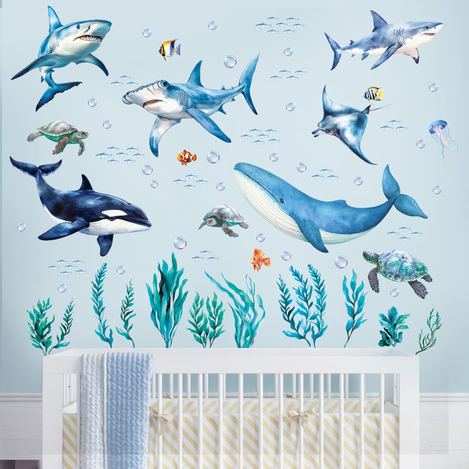 SHUCHING Ocean Underwater Scene wall decal fills playroom with marine life.