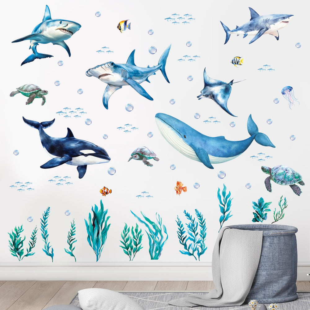 SHUCHING Ocean Whale wall decal creates a calming undersea vibe in nursery.