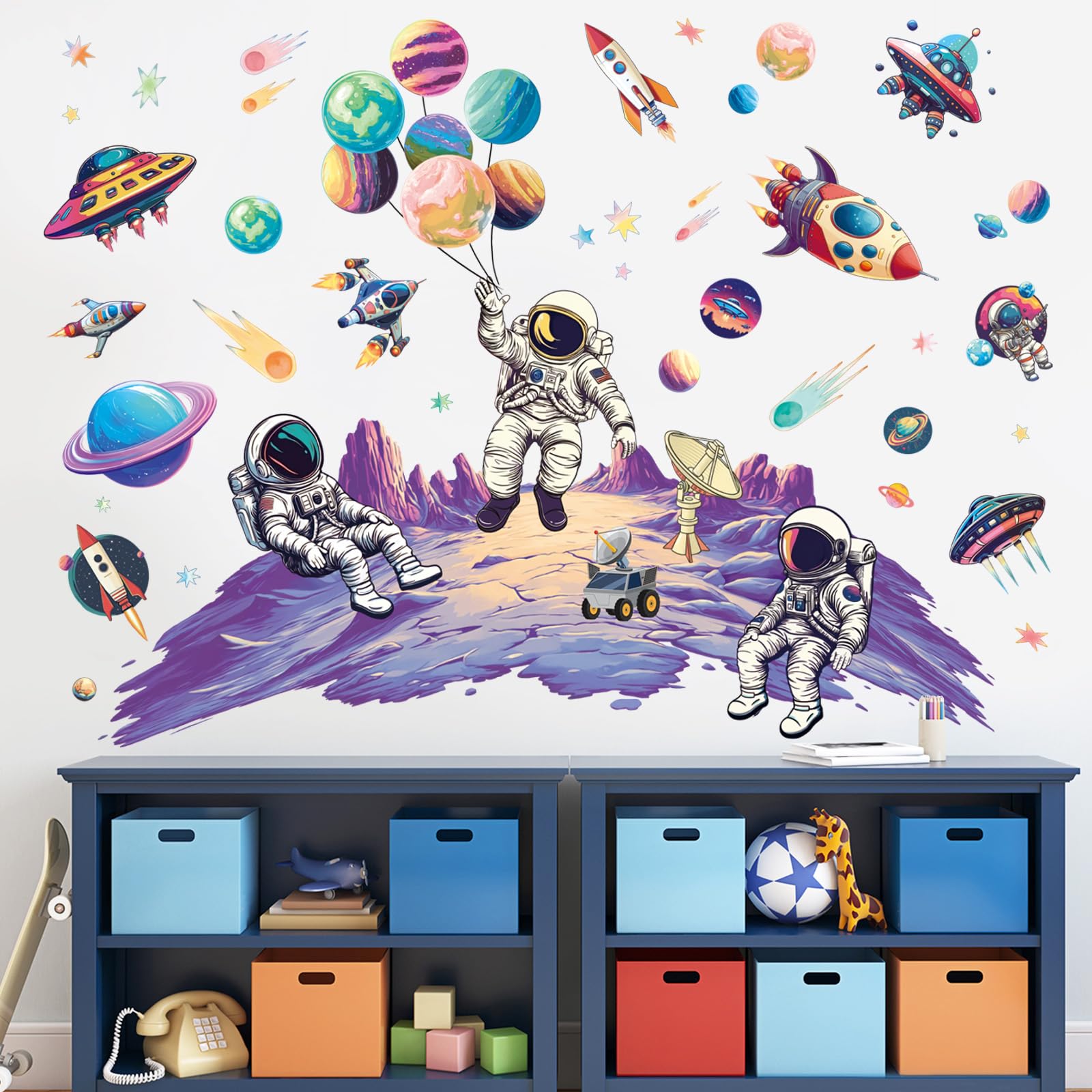 SHUCHING space theme wall art enhances playroom ambiance with imaginative visuals.