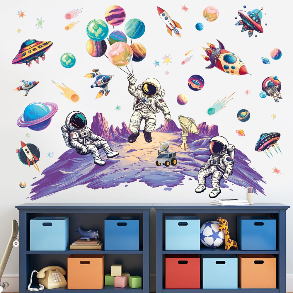 SHUCHING space theme wall art enhances playroom ambiance with imaginative visuals.