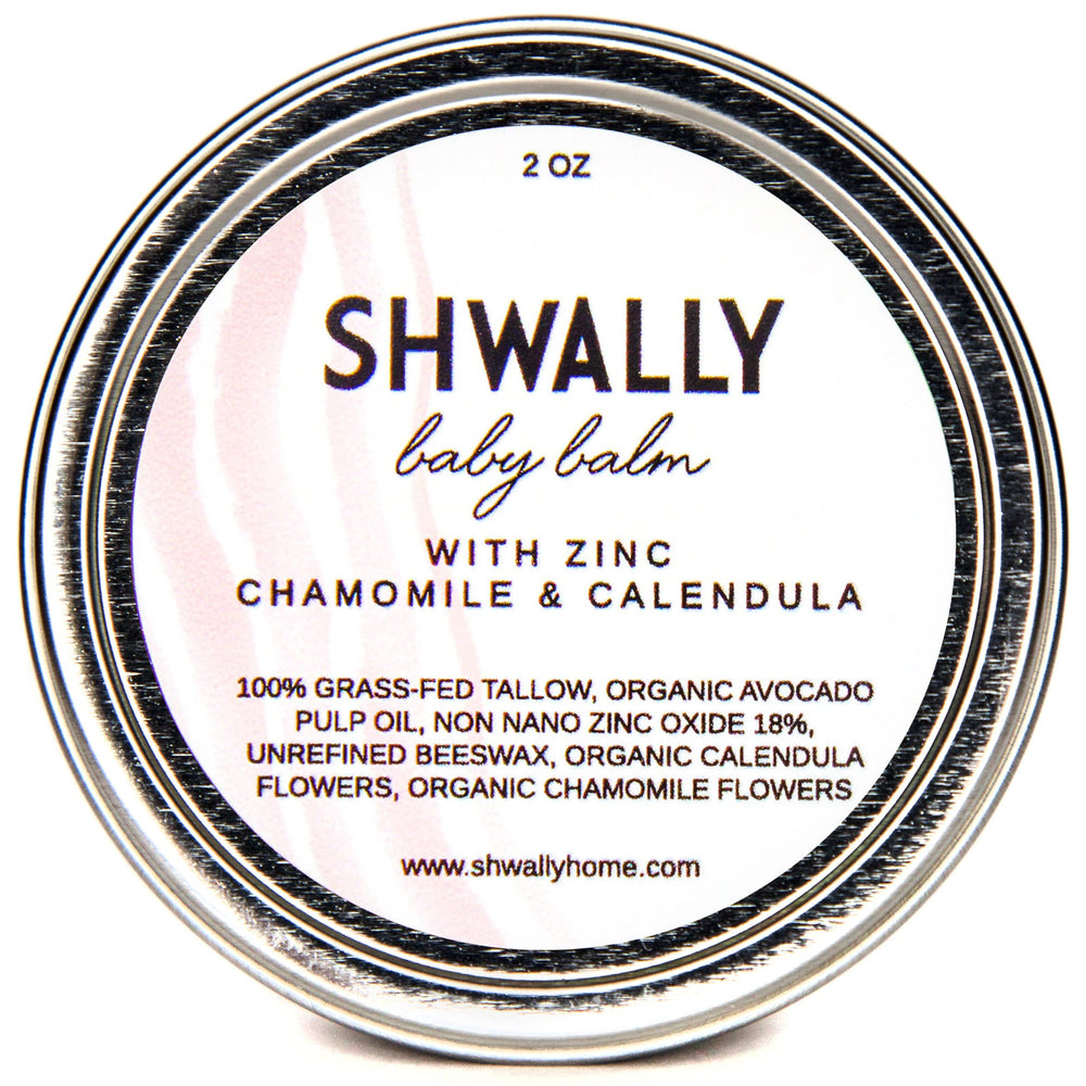 Shwally Tallow & Calendula Baby Bootie packshot highlighting edible ingredients for gentle care.