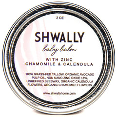 Shwally Tallow & Calendula Baby Bootie packshot highlighting edible ingredients for gentle care.