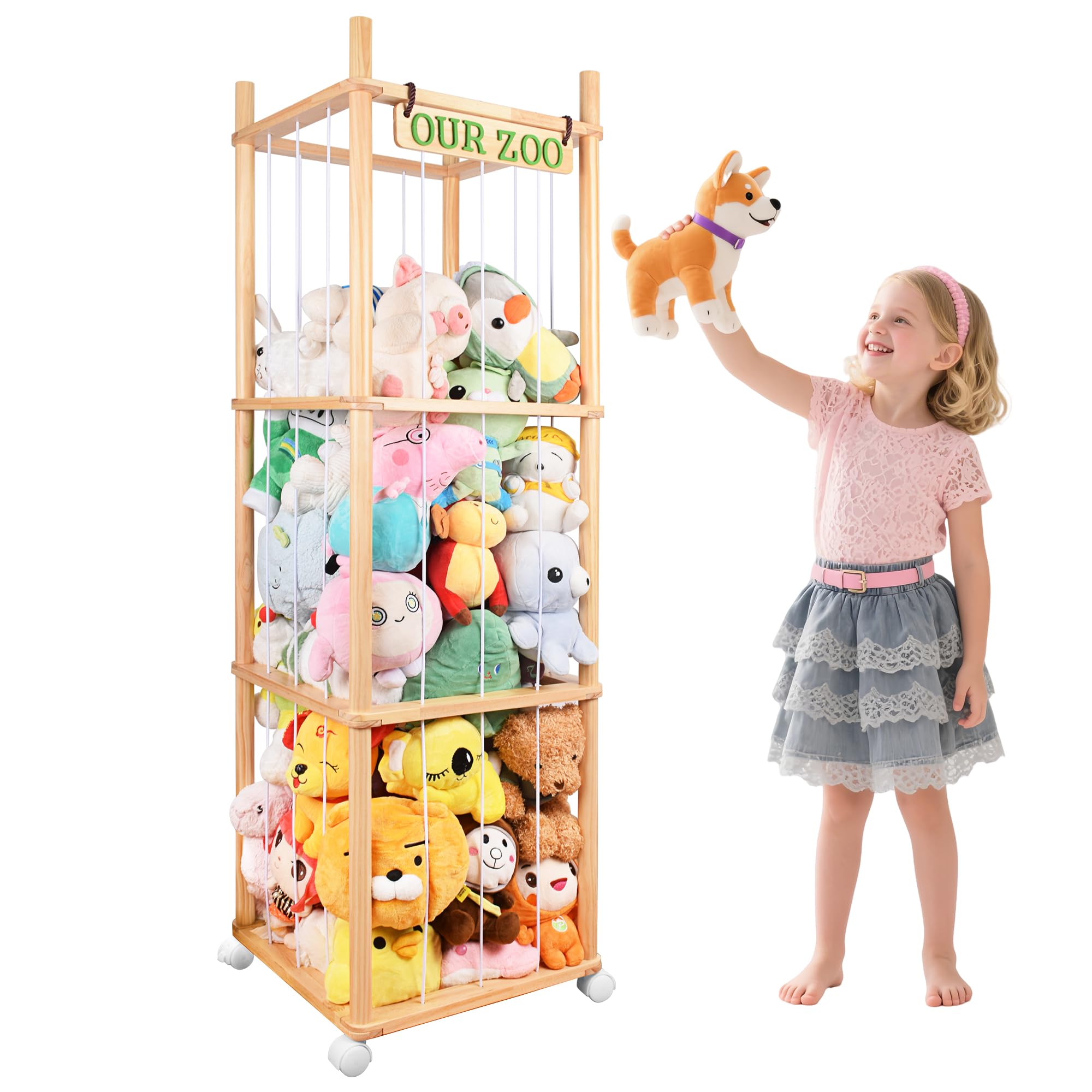 SHWWQUE 54in storage with wheels front view showing spacious access to plush toys