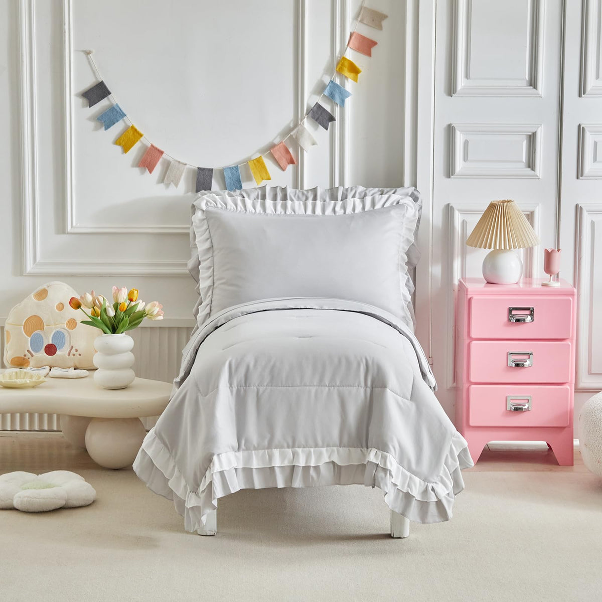 Shxime toddler bedding set light grey ruffle fringe comforter close-up for cozy nights