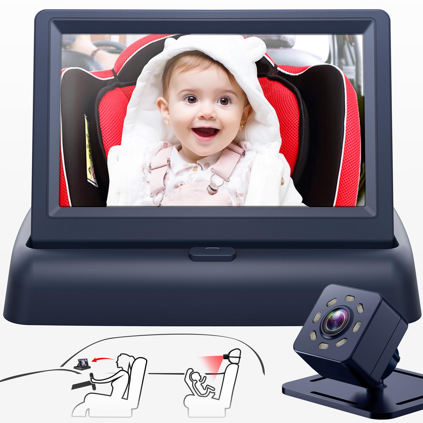 Shynerk Baby car mirror on center console provides crystal-clear rear view.