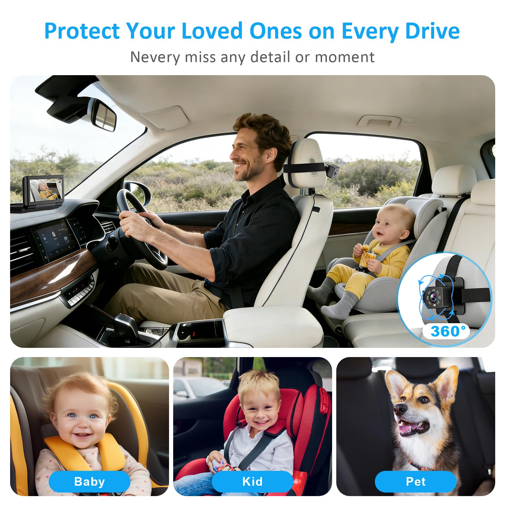 Shynerk Baby Car Monitor installs quickly with rear headrest straps.