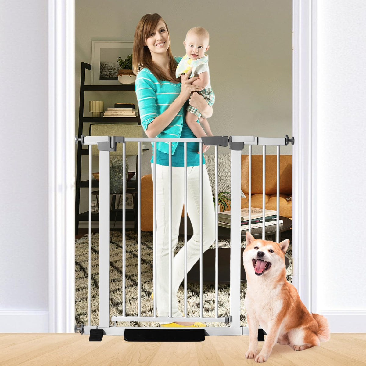 SHYUJAJIE 30 inch gate in use blocks access to a doorway for pets and children