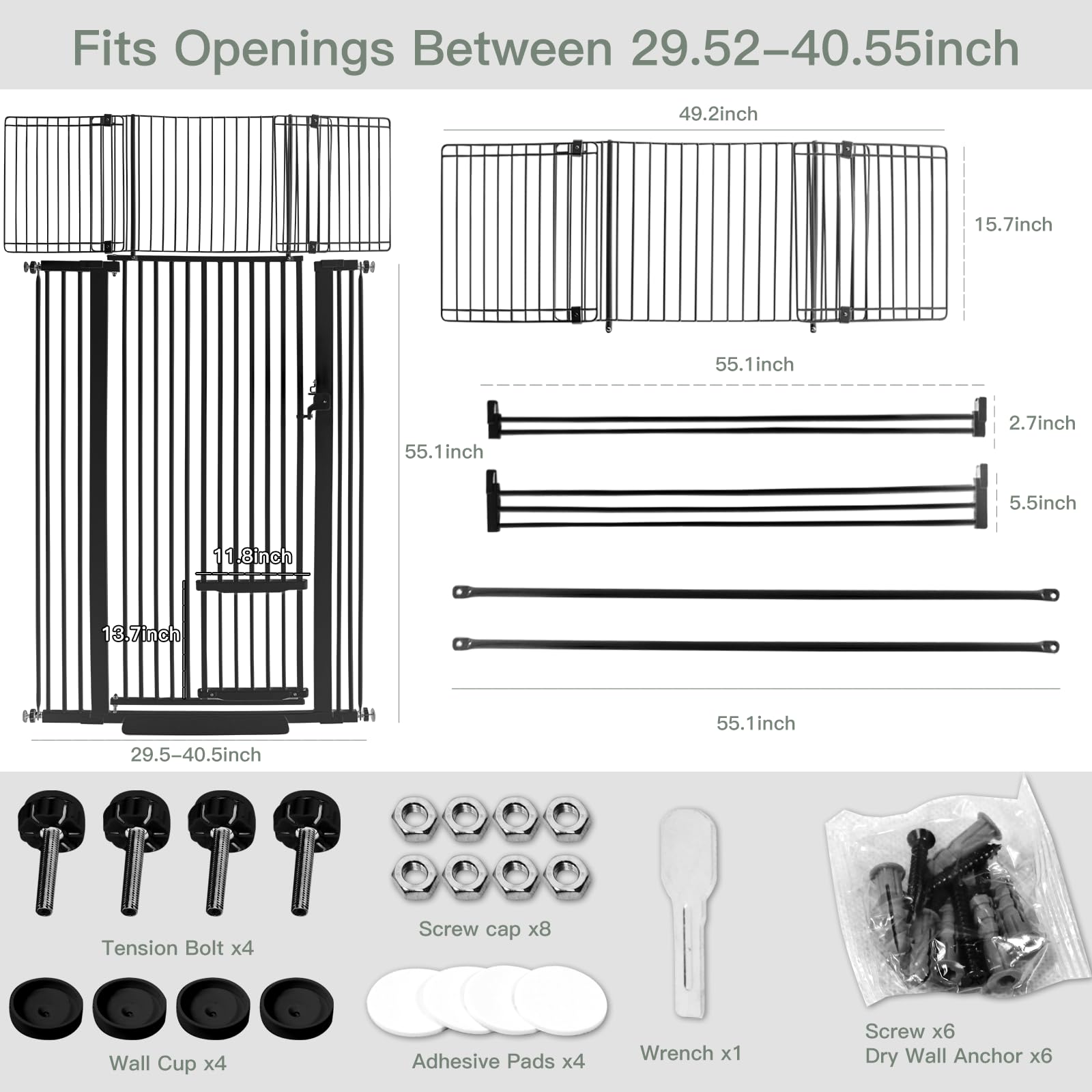 SHYUJAJIE adjustable width gate fits doorways from 29.55 to 40.55 inches.