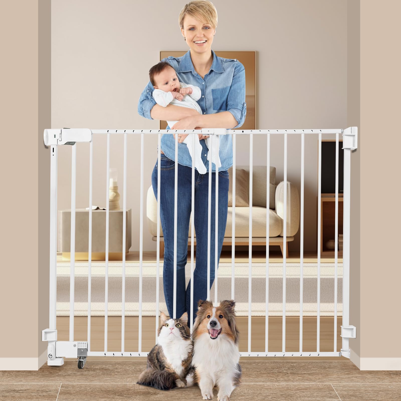 SHYUJAJIE No Bottom Bar Gate in white, 37-inch height, safe doorway barrier for kids