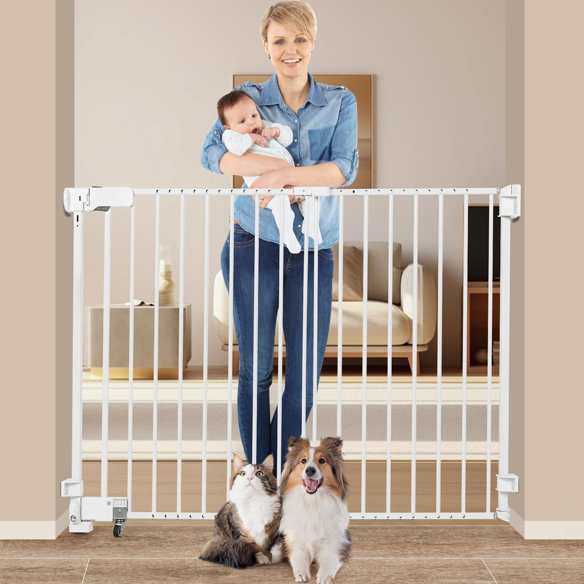 SHYUJAJIE No Bottom Bar Gate in white, 37-inch height, safe doorway barrier for kids