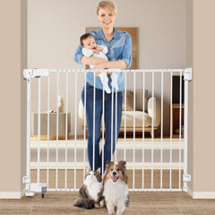 SHYUJAJIE No Bottom Bar Gate in white, 37-inch height, safe doorway barrier for kids