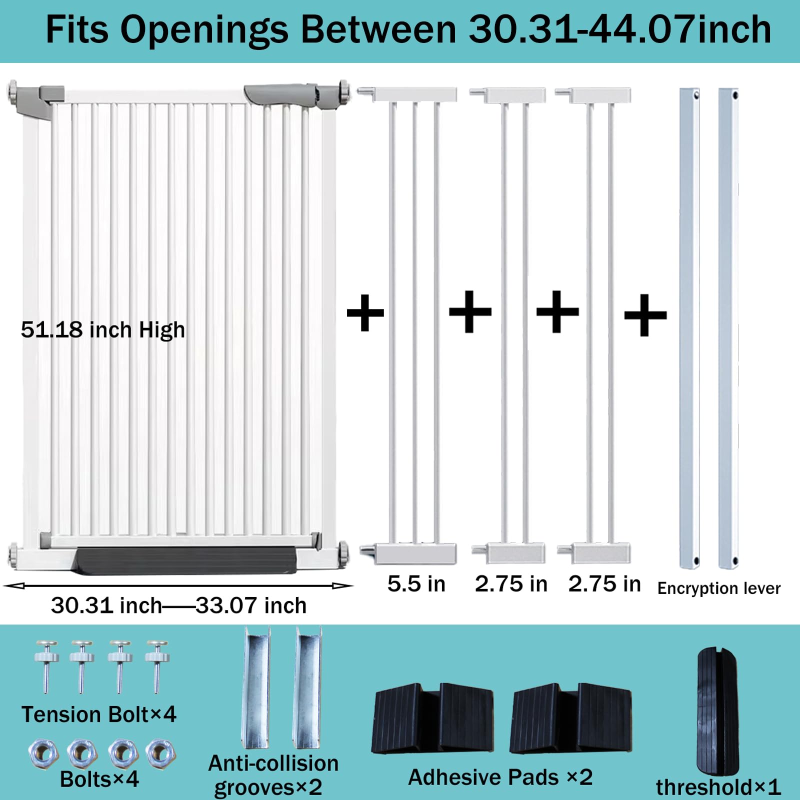 SHYUJAJIE three-extension width adjustment shows customizable opening from 29.92 to 43 inches.