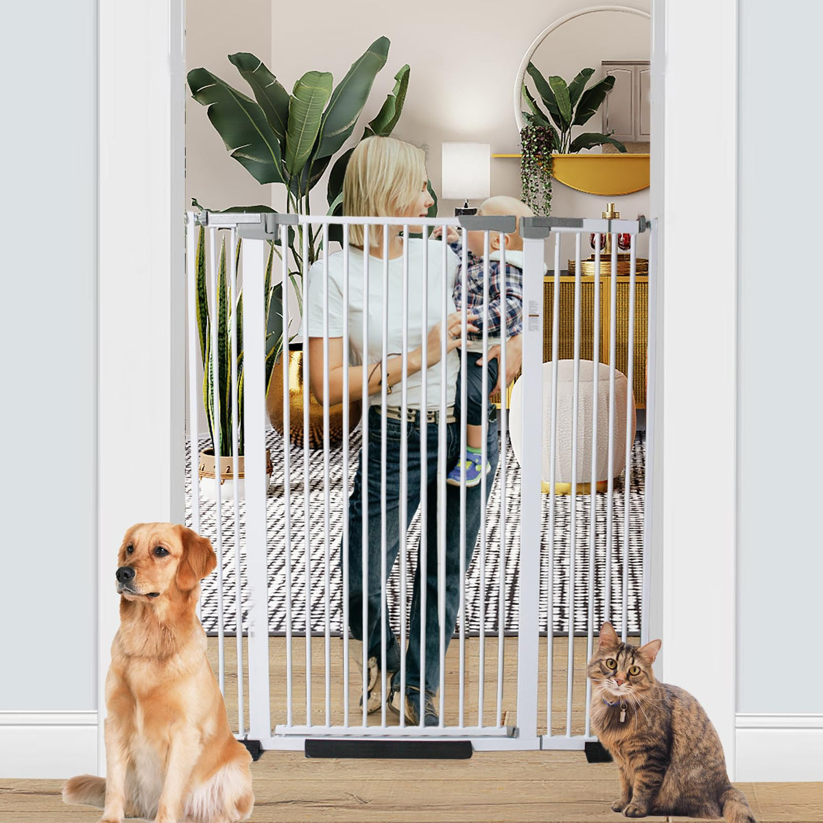 SHYUJAJIE 51.18-inch extra tall cat gate keeps energetic pets contained in doorways.