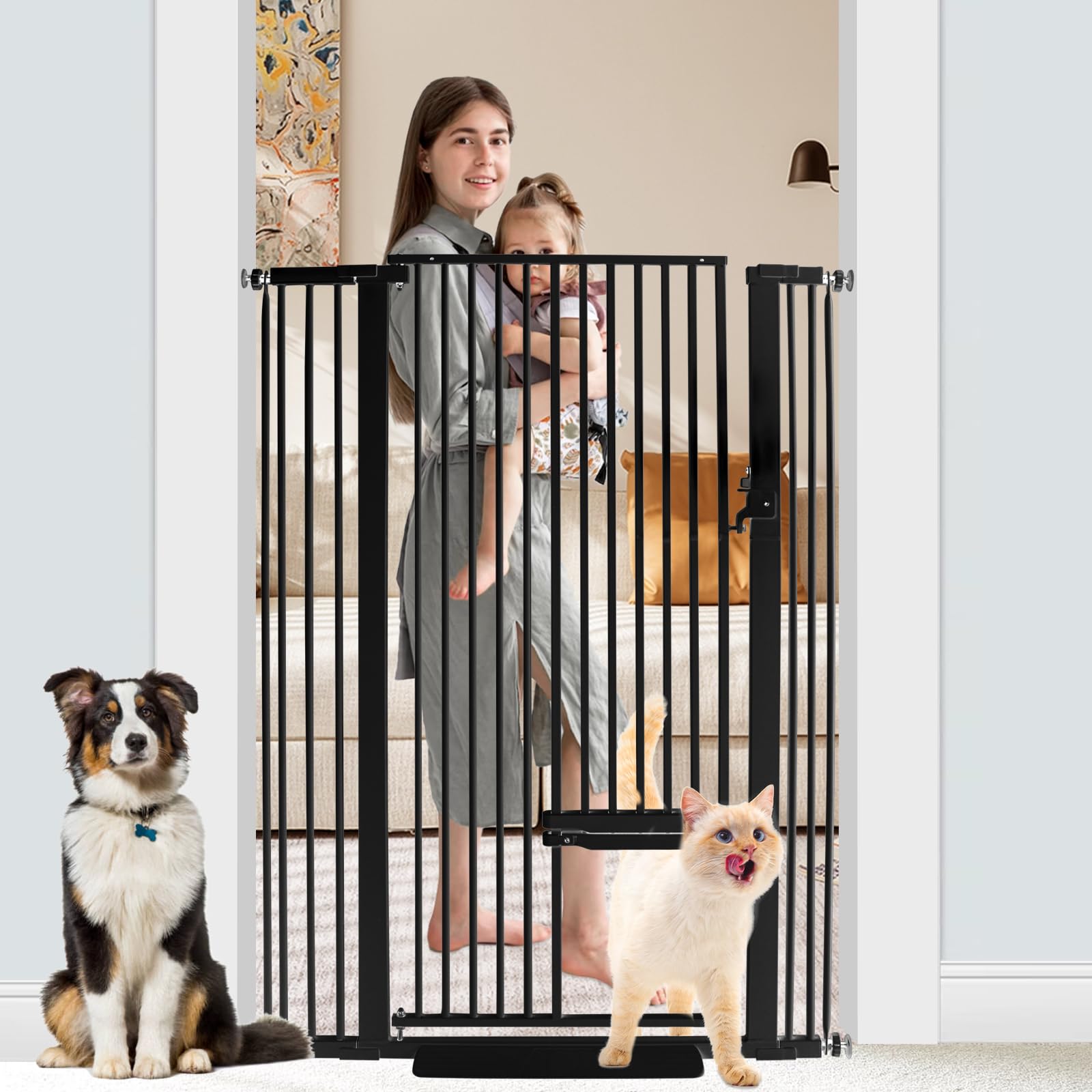 SHYUJAJIE 55-inch extra tall pet gate with cat door protects stairs and doorway