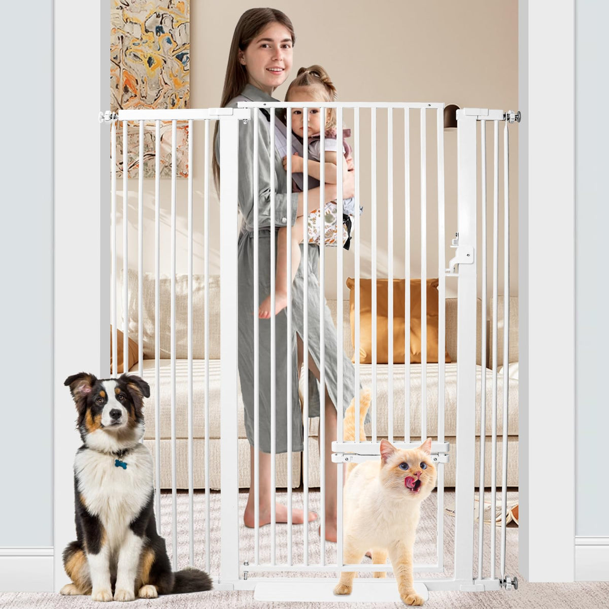 SHYUJAJIE 55-inch tall cat gate with door keeps pets contained safely.
