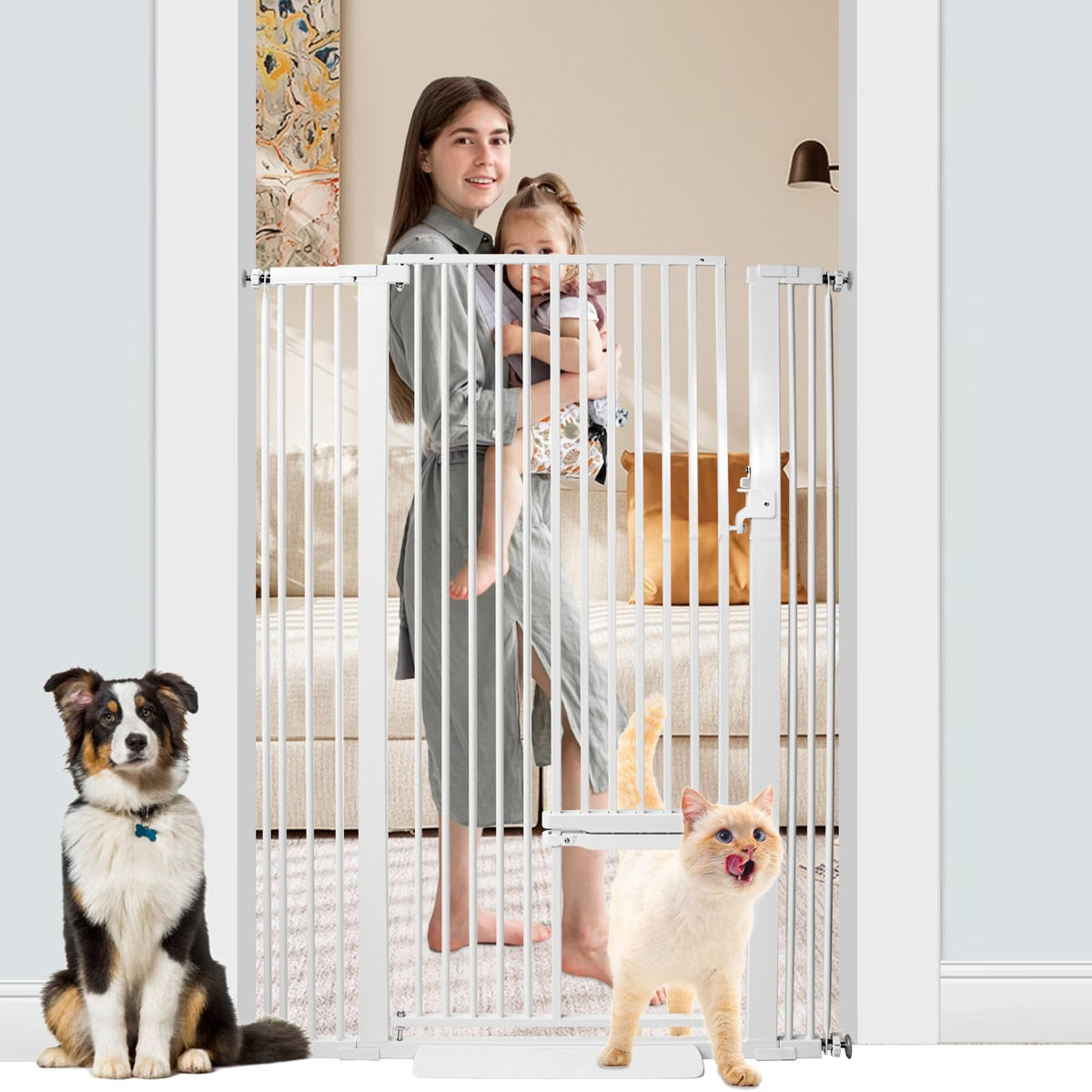 SHYUJAJIE 55-inch tall gate with cat door for doorways and stairs.