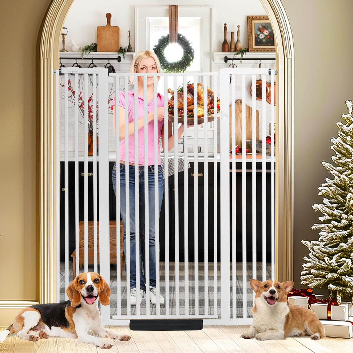 SHYUJAJIE 59-inch extra tall gate in doorway keeps playful cats contained.