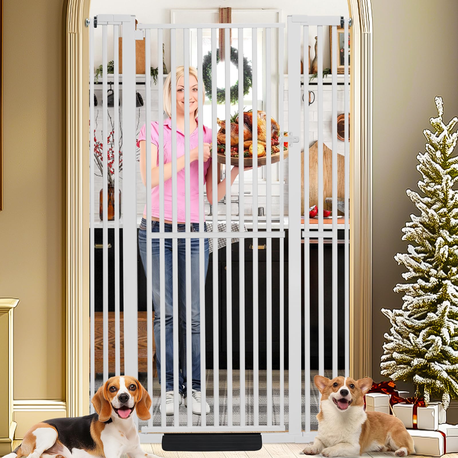 SHYUJAJIE 71-inch extra tall pet gate in white keeps cats contained in doorways