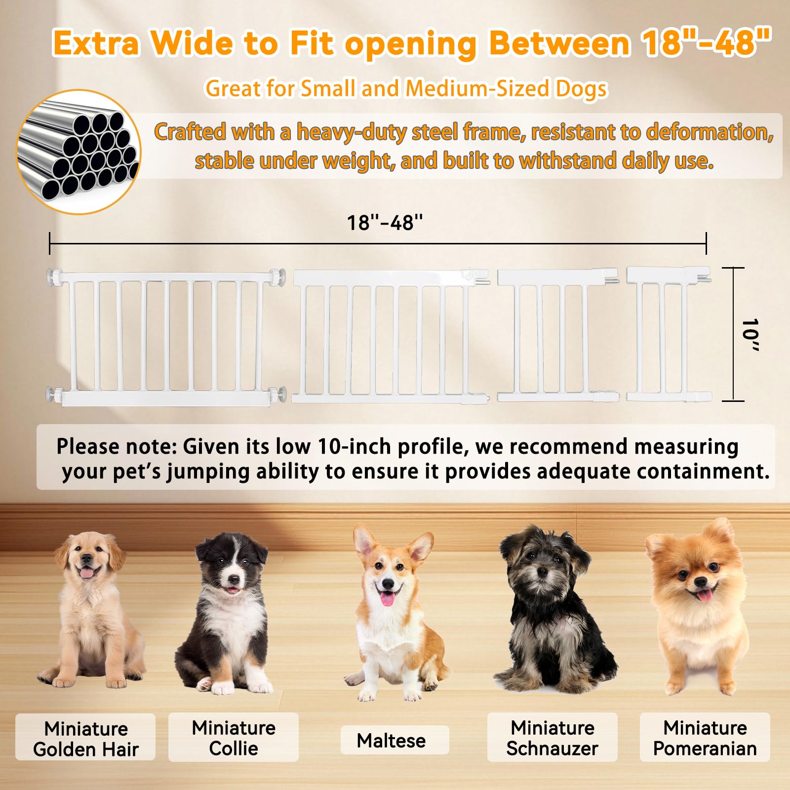 SHYUJAJIE dog gate 10-inch step-over height for easy passage while containing pets.