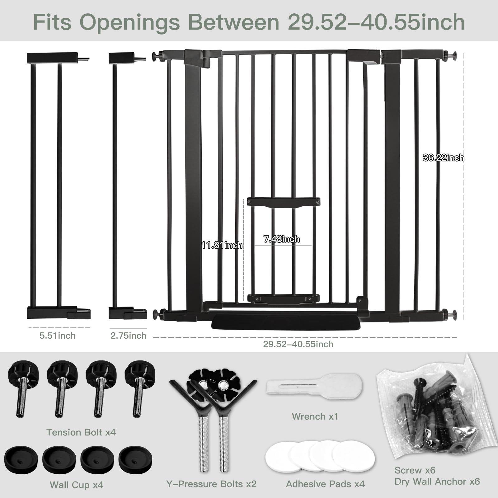 SHYUJAJIE gate showing width extension from 29.55 to 40.55 inches.