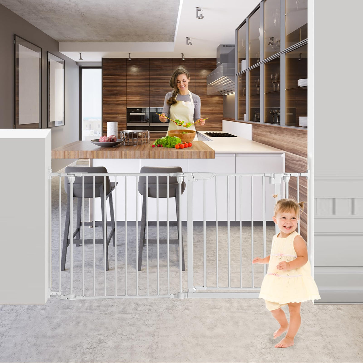 SHYUJAJIE Extra Wide Gate white front view for toddlers and pets