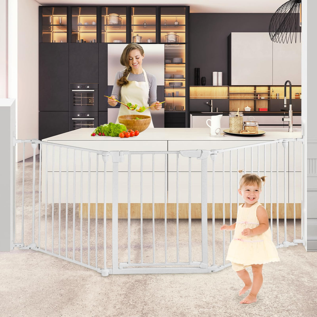 SHYUJAJIE extrawide baby gate blocks large openings in white for versatile spaces