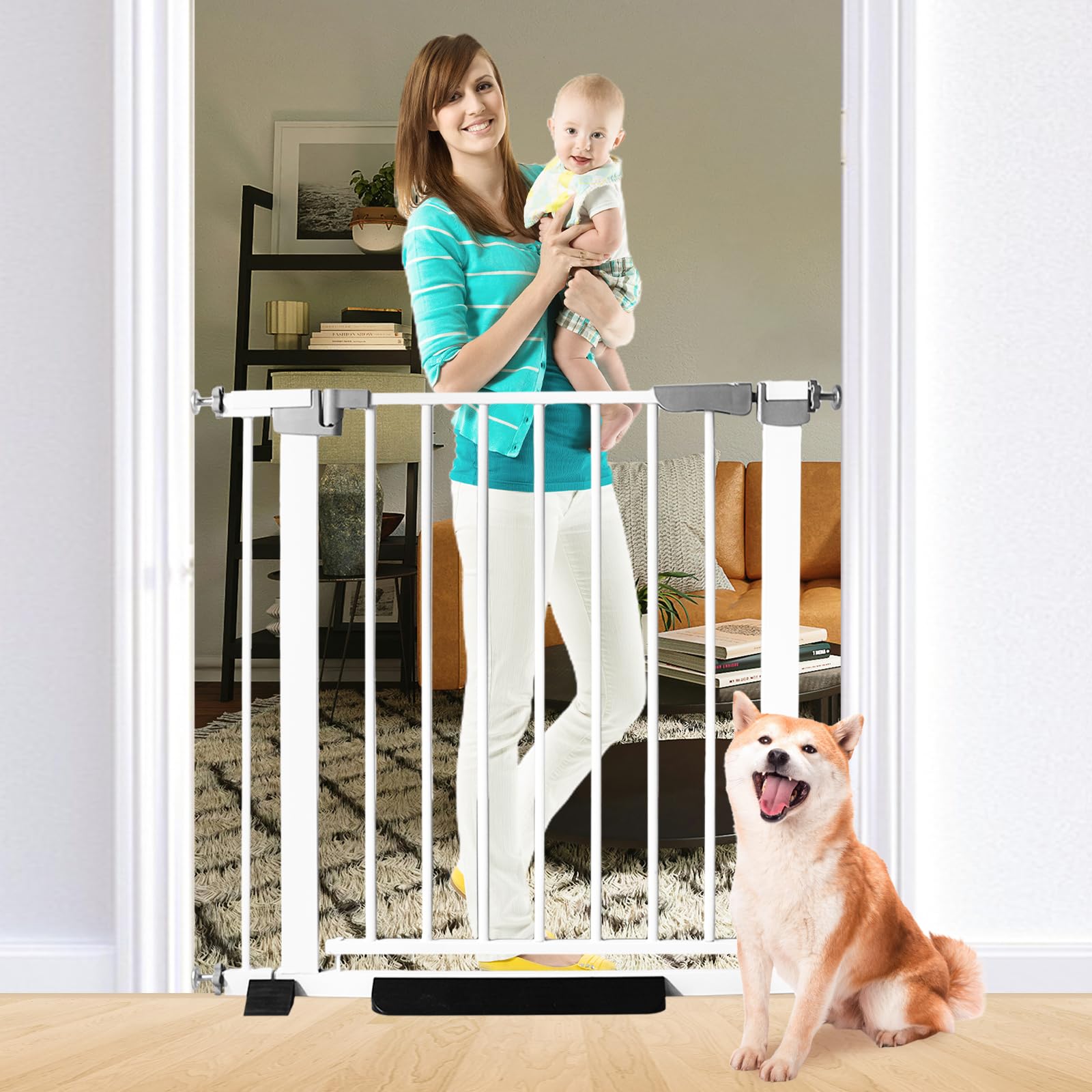 SHYUJAJIE gate assembly front view highlighting sturdy steel construction for pet safety.