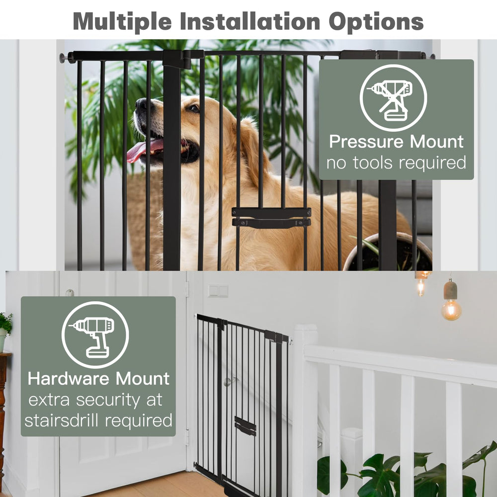 SHYUJAJIE steel pet gate with dog door provides sturdy safety.