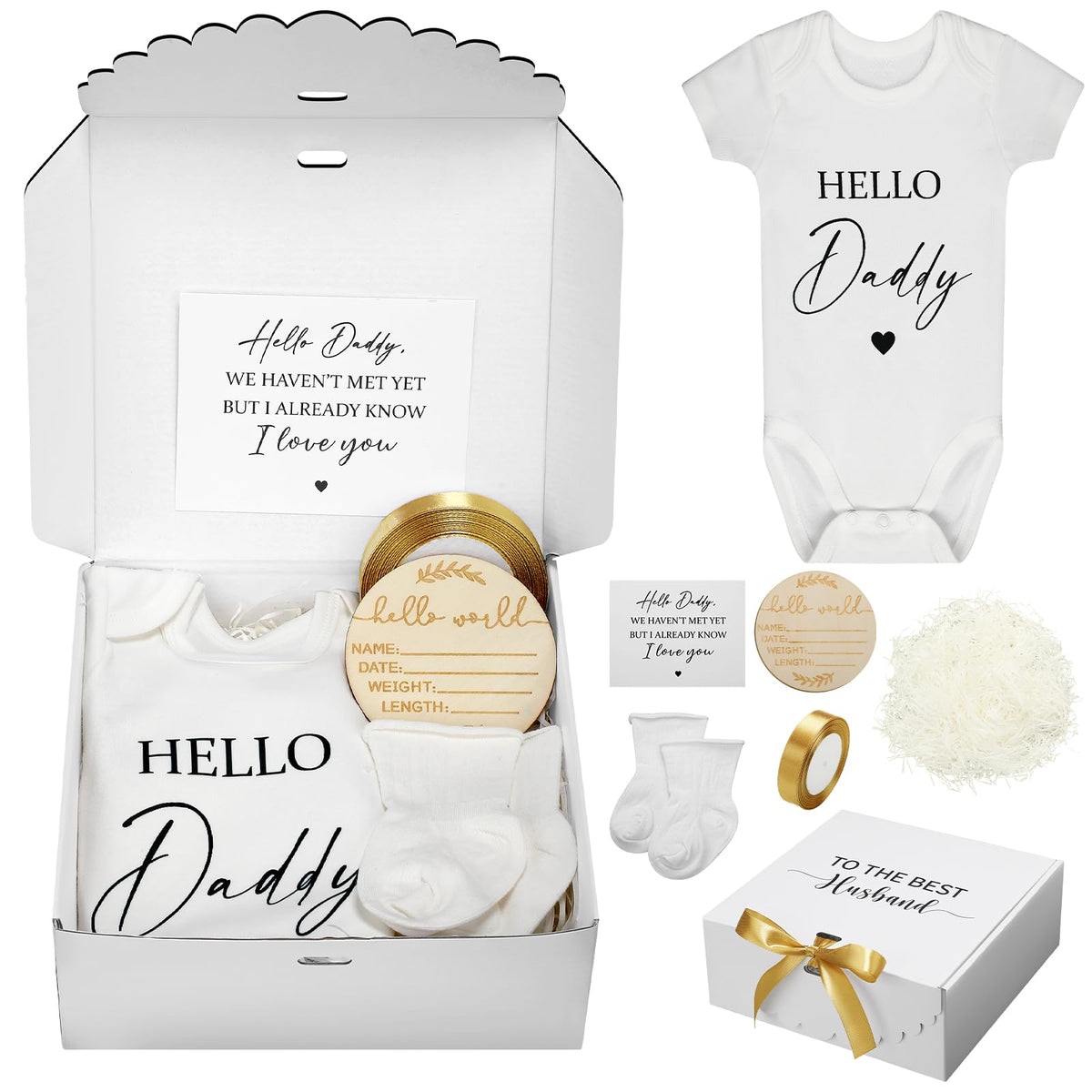 Shyyween pregnancy announcement gift set bundle showing bodysuit, card, socks, ribbon, and sign