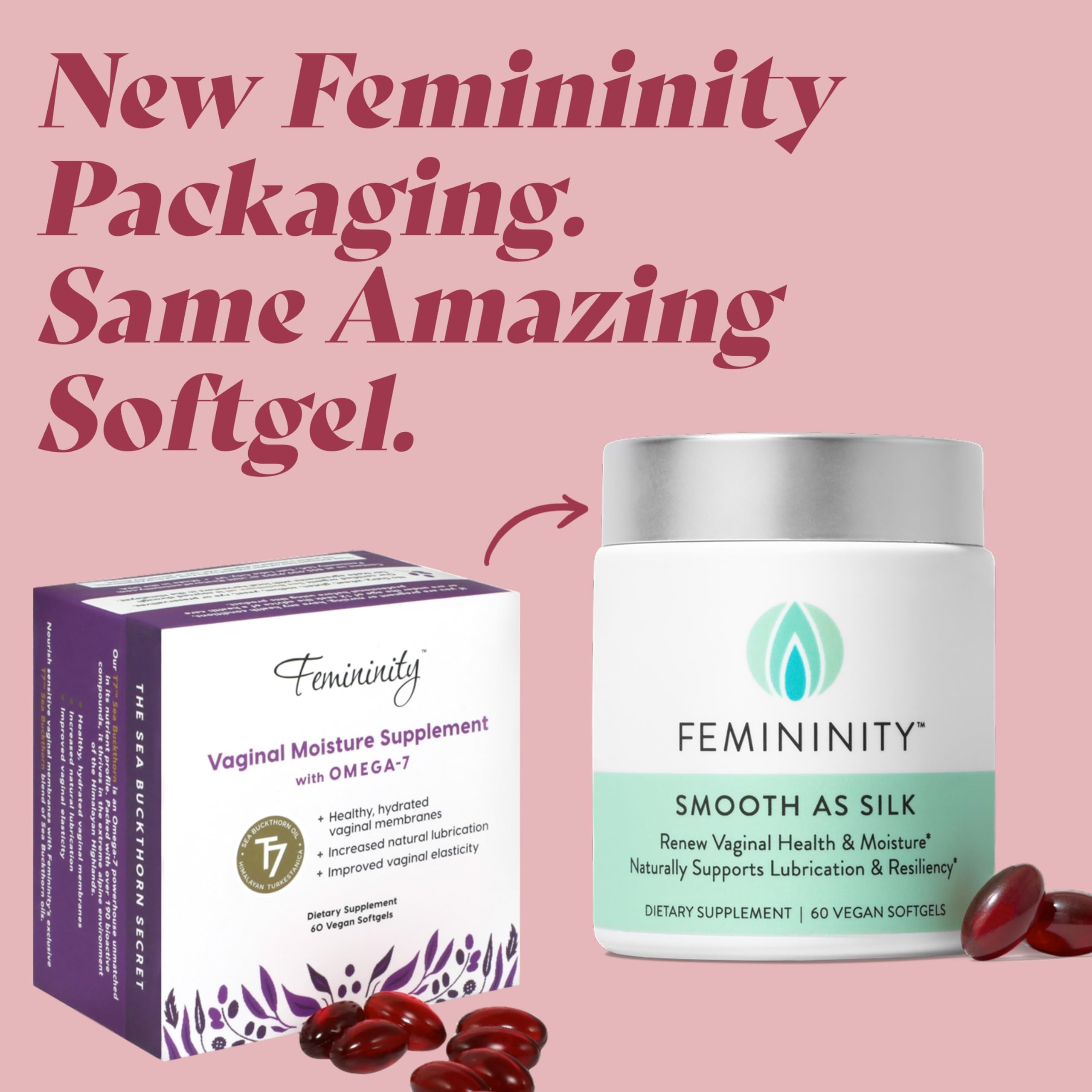 Close-up of Sibu Femininity Silk softgels indicating convenient daily use for moisture support.
