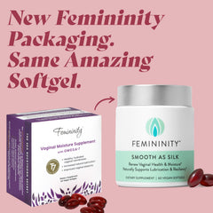 Close-up of Sibu Femininity Silk softgels indicating convenient daily use for moisture support.