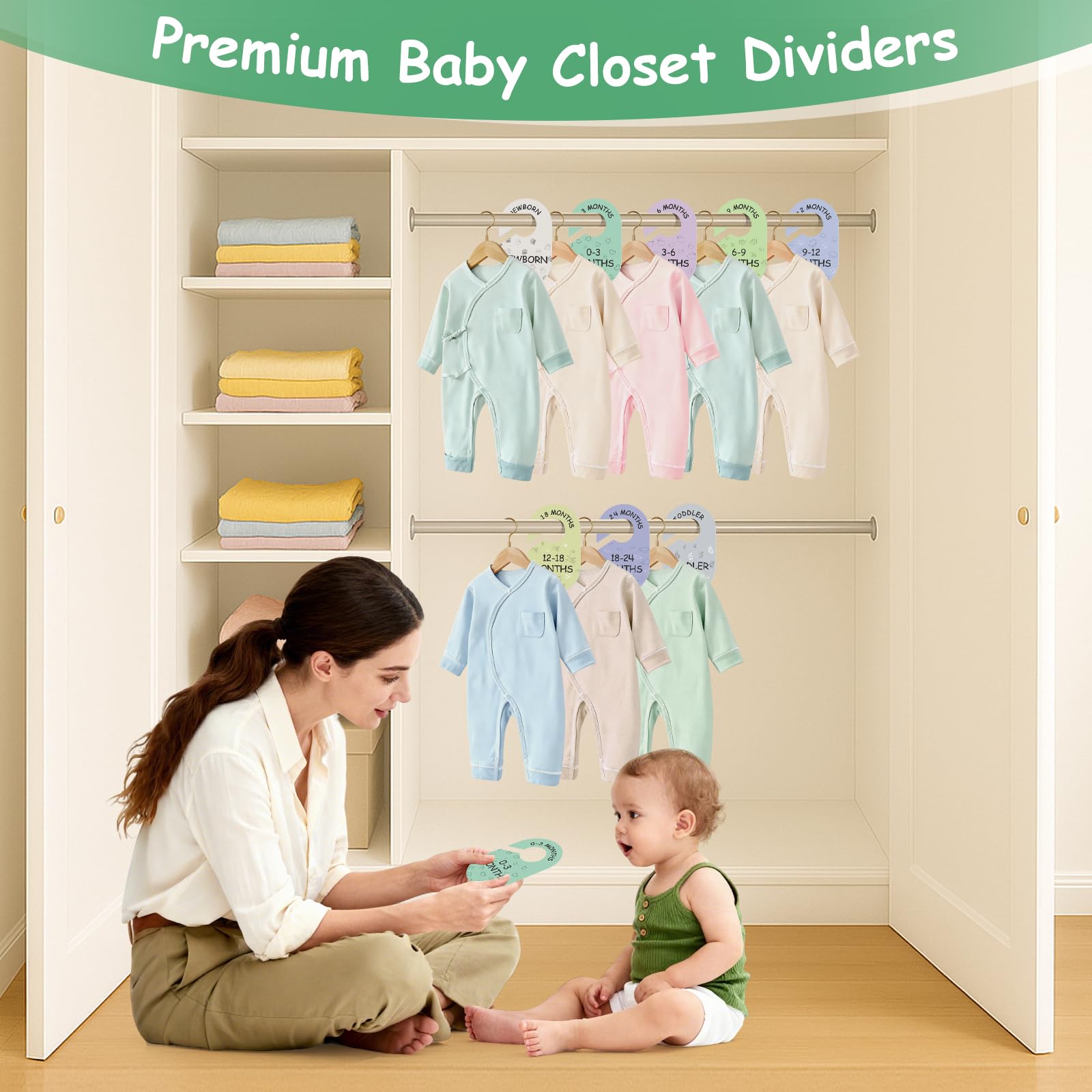 Sicamin dividers in use on a closet rod to organize outfits.