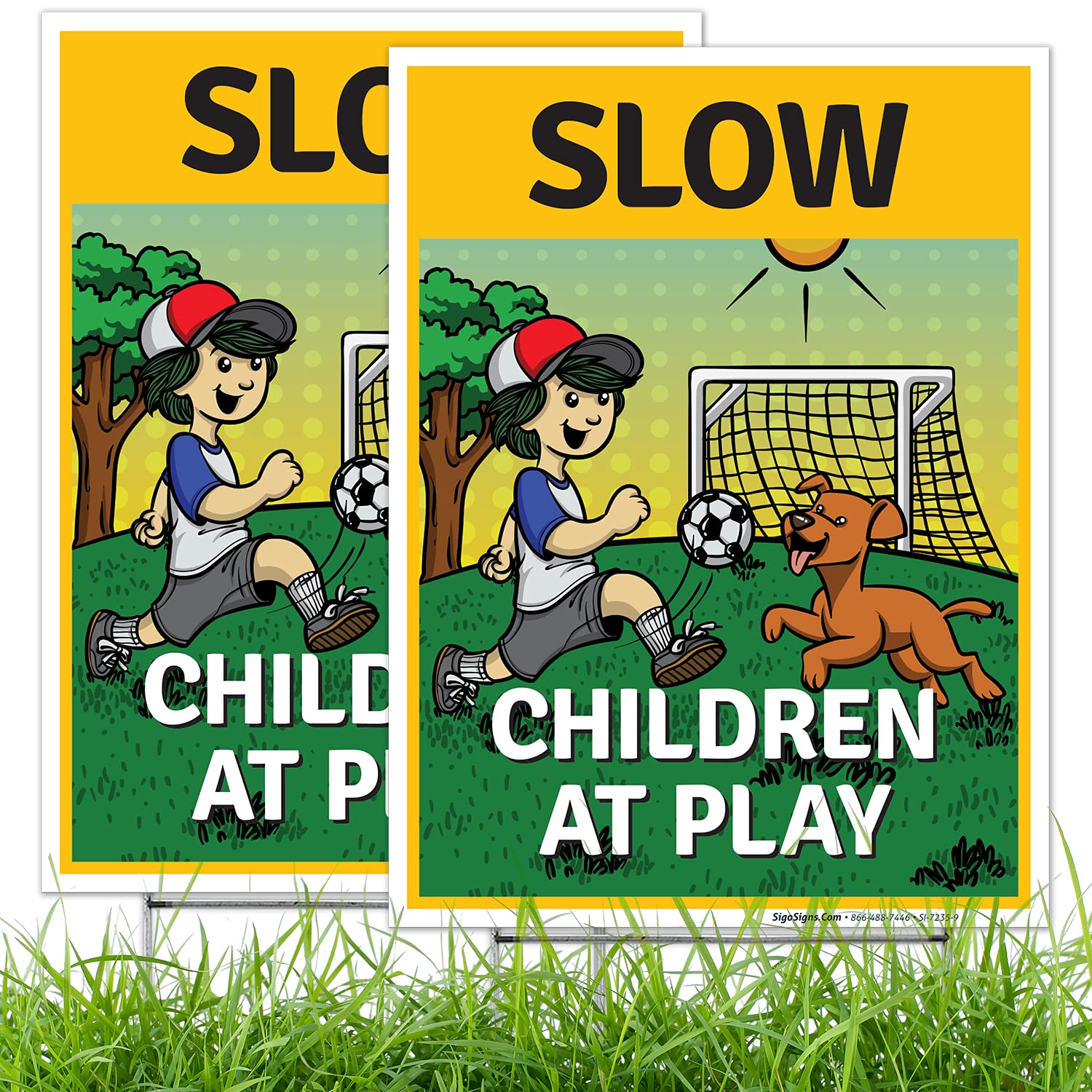 Sigo Signs slow children at play graphic on front double-sided sign improves visibility