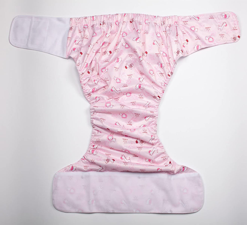 Sigzagor adult diaper pink animals adjustable waist view illustrating a secure fit