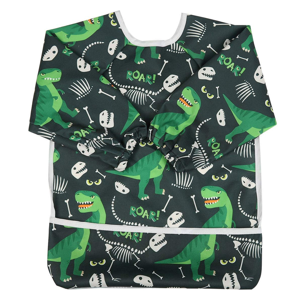 Sigzagor baby bib long sleeved green dinosaurs front view shows full clothing protection