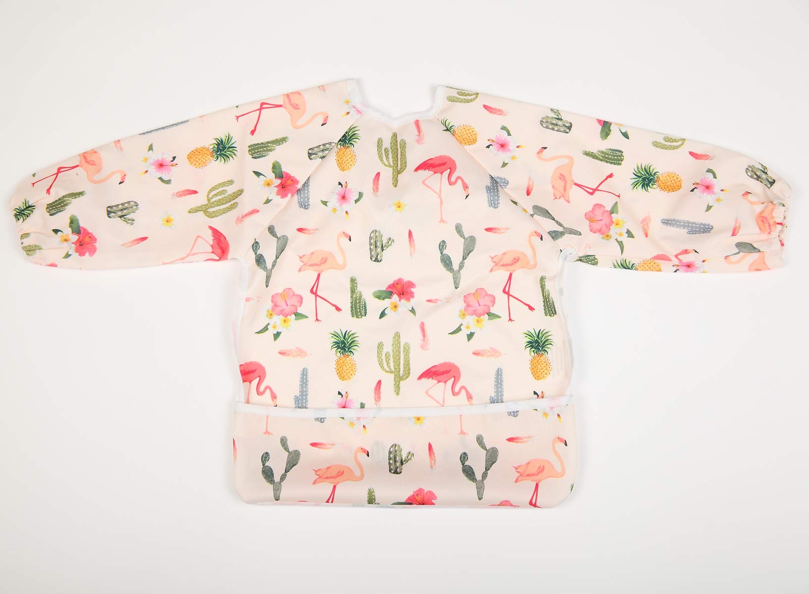 Sigzagor baby bib sleeved shirt pocket back view shows hidden catch-all pocket.