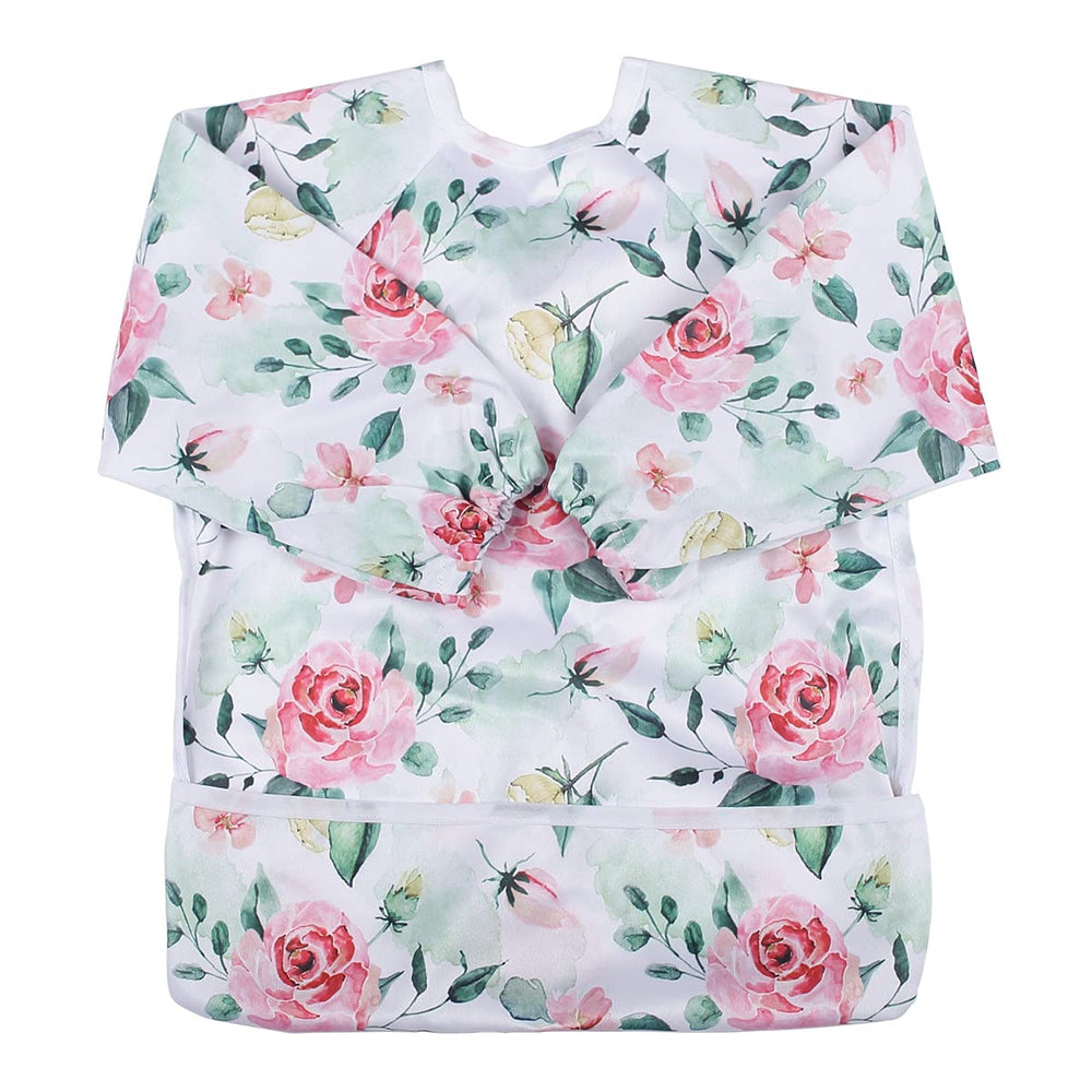 Sigzagor baby bib with pocket and pink flower design keeps clothes clean during meals.