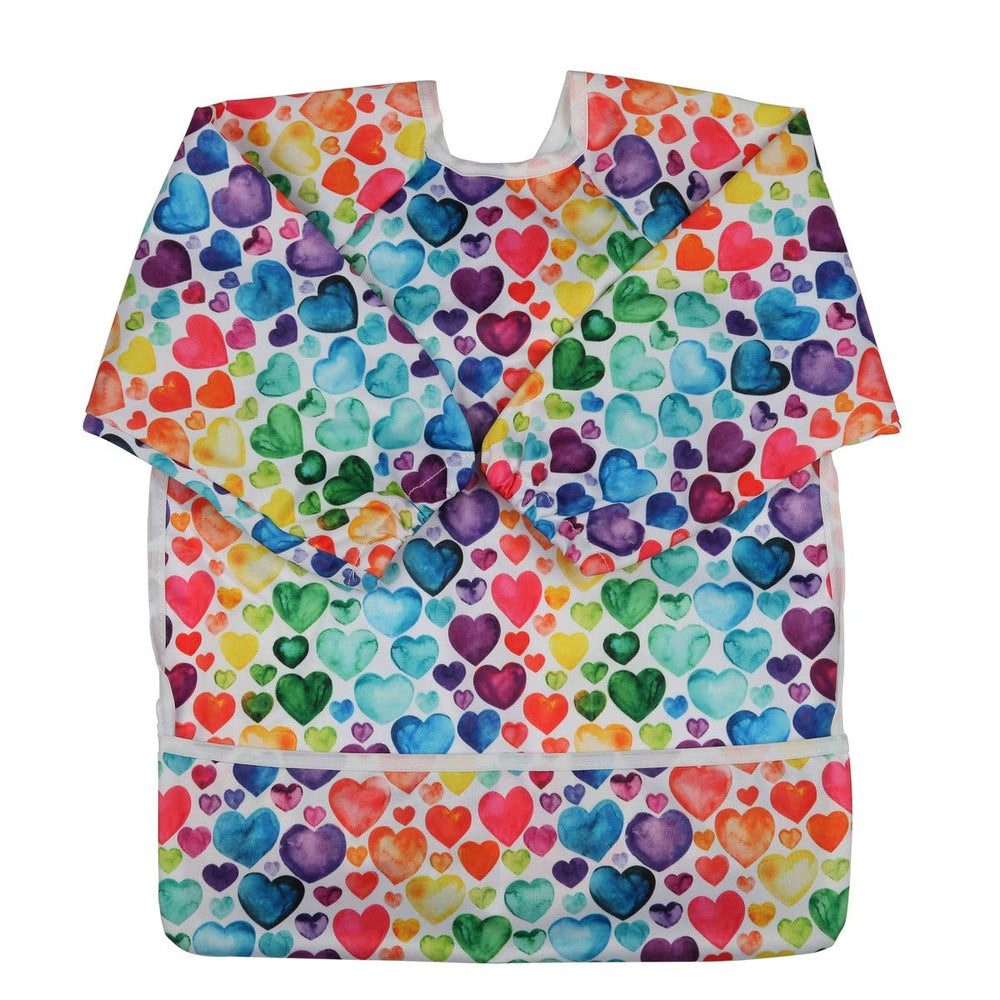 Sigzagor baby bib sleeved shirt with back pocket, ready to flip front for use.